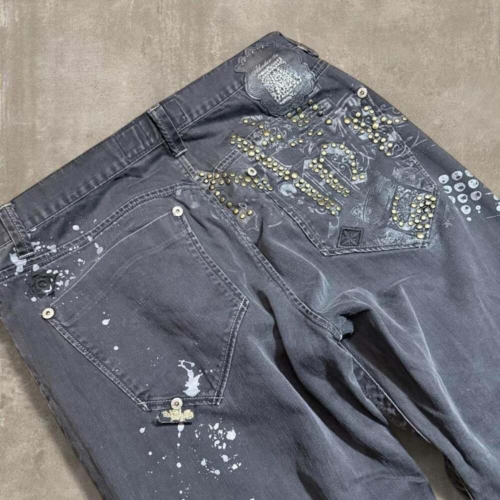 Akademiks Y2K Studded Black Denim Jeans Paint Splatter